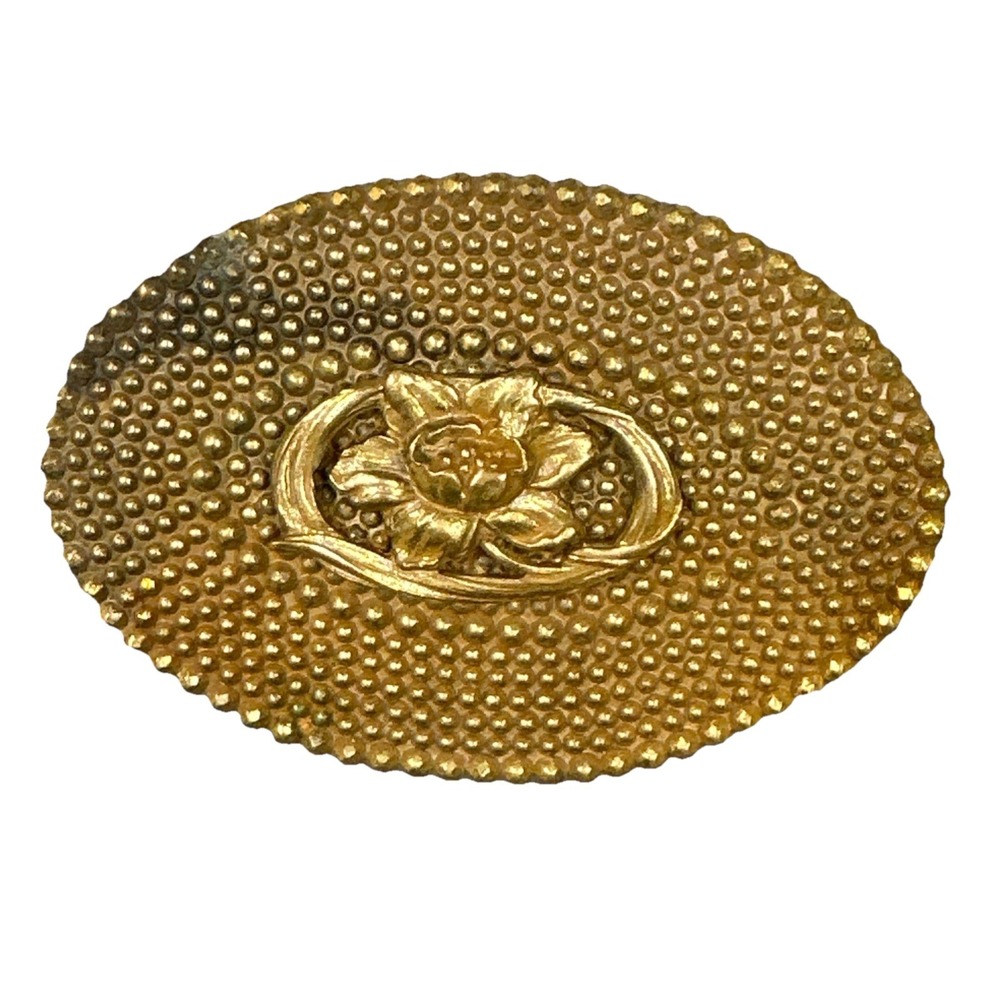 Antique Art Nouveau Brooch Pin 2.5 Inch Gold Plate Gilt Brass Flower C Clasp